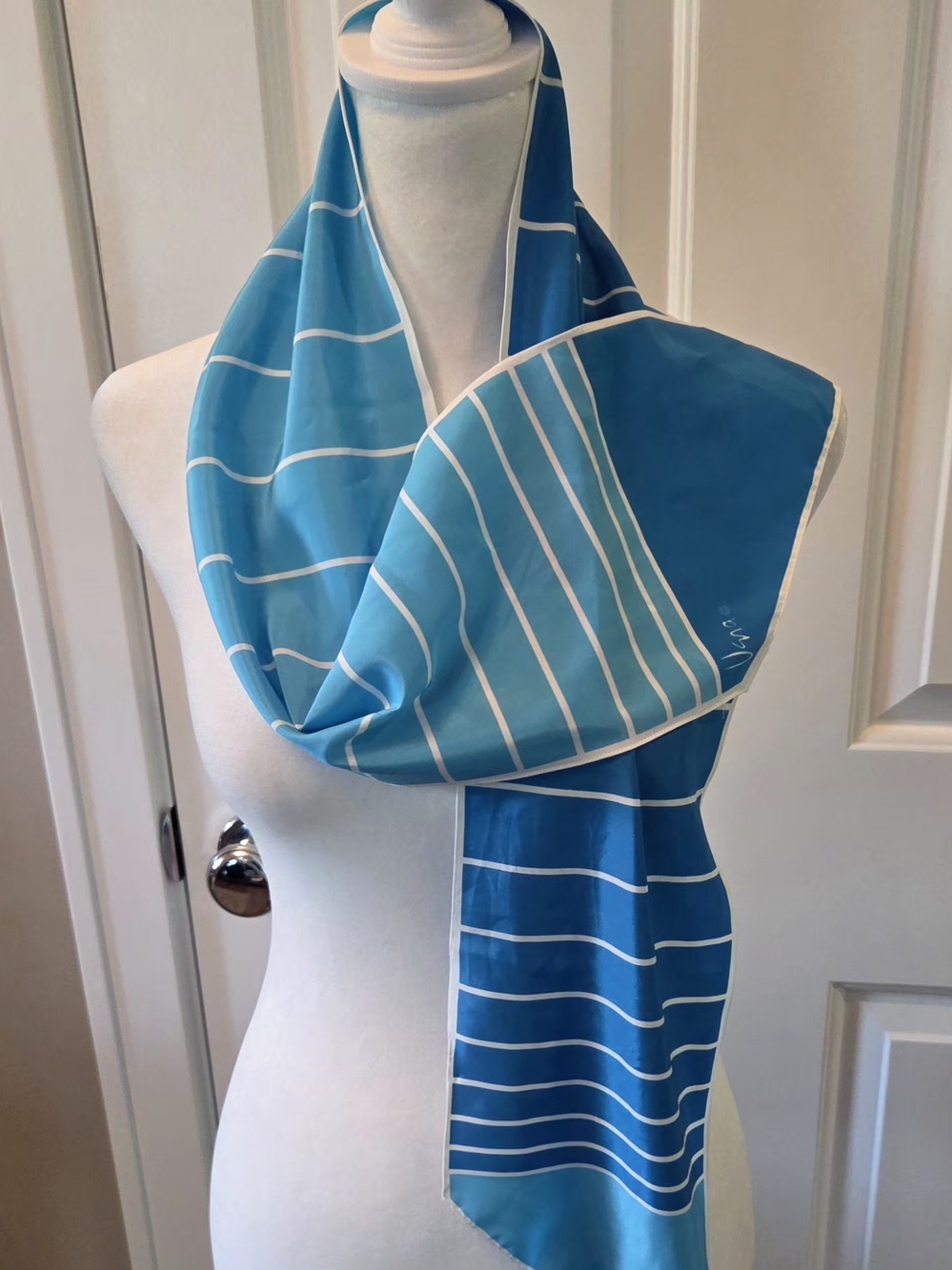 Vera Neumann Scarf Blue Striped Oblong Retro Signed Vintage